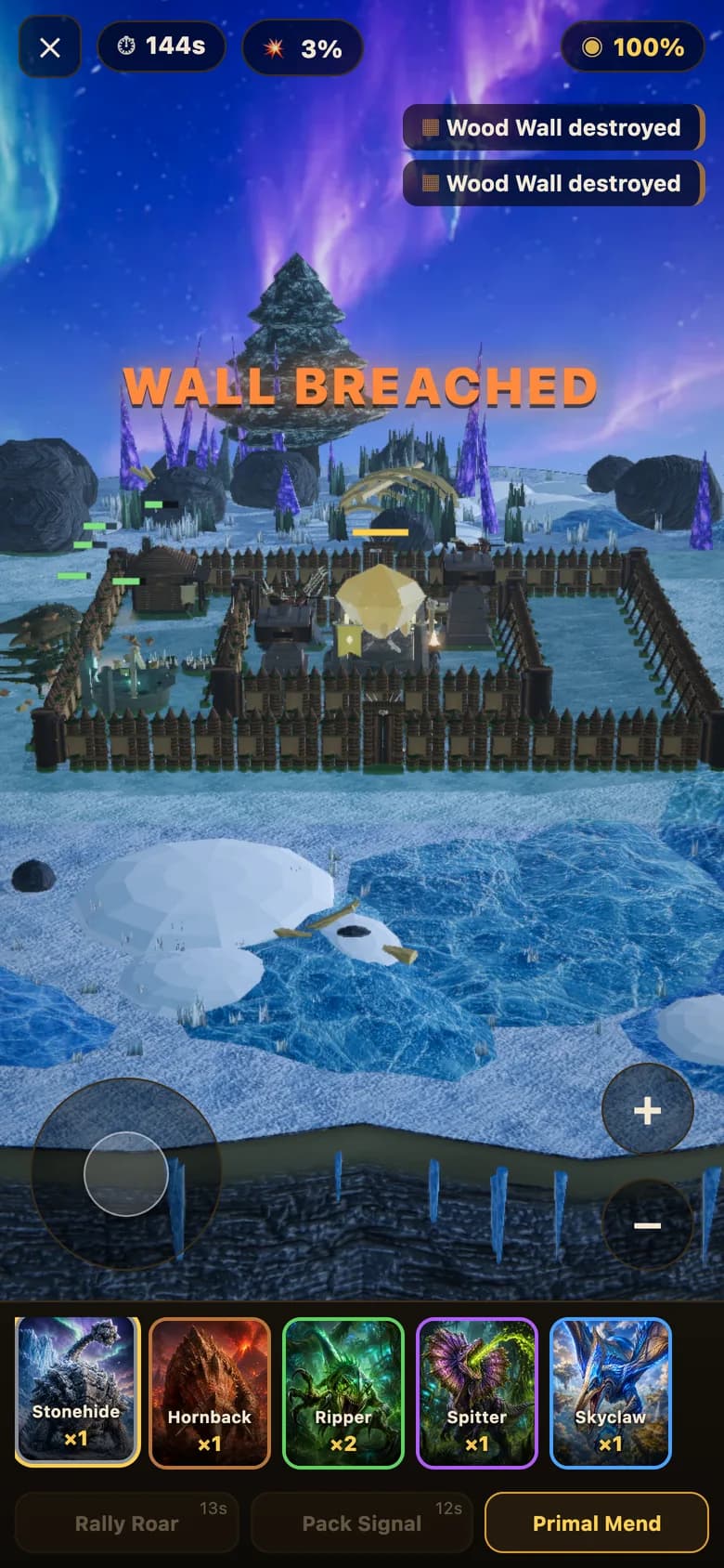 A live raid on a frozen island: the wall has just been breached and the kill feed shows destroyed walls