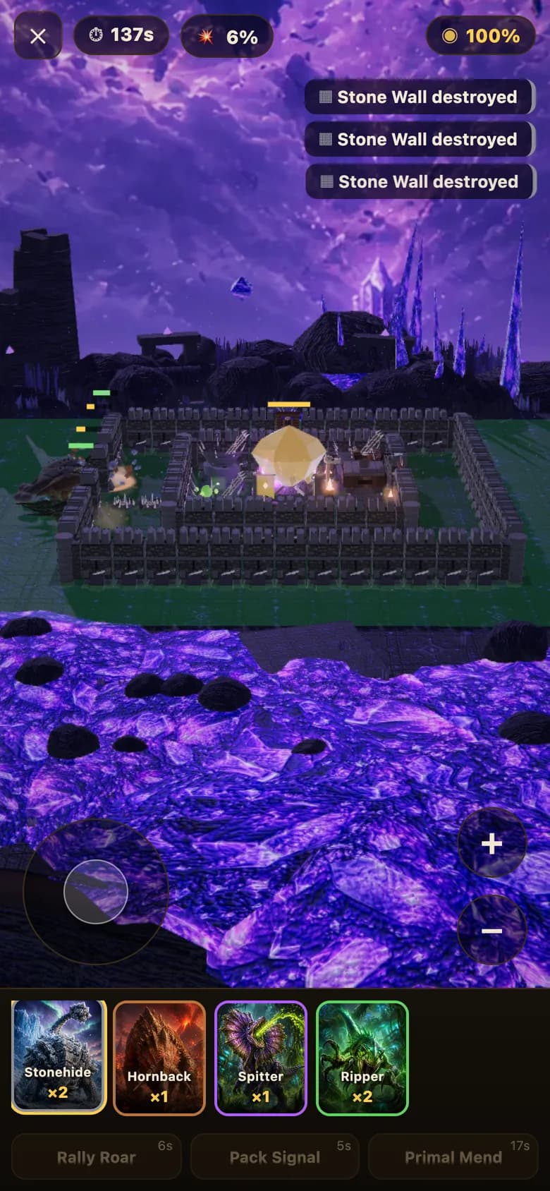 A raid in the purple Relic Sanctum, stone walls falling