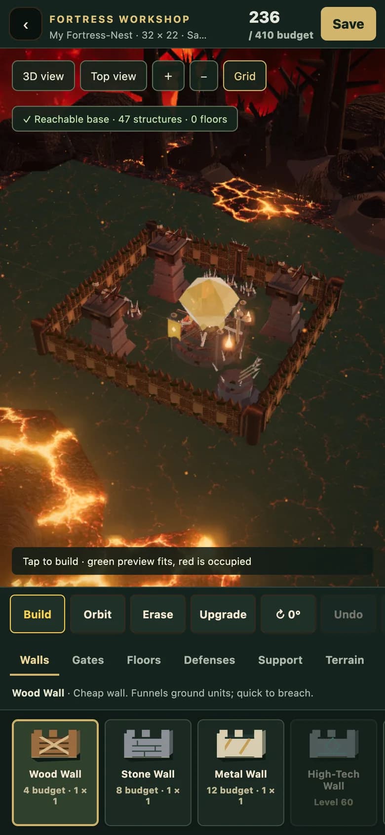 The Fortress Workshop in Primal Siege: a walled fortress-nest on a volcanic island, with the building palette below